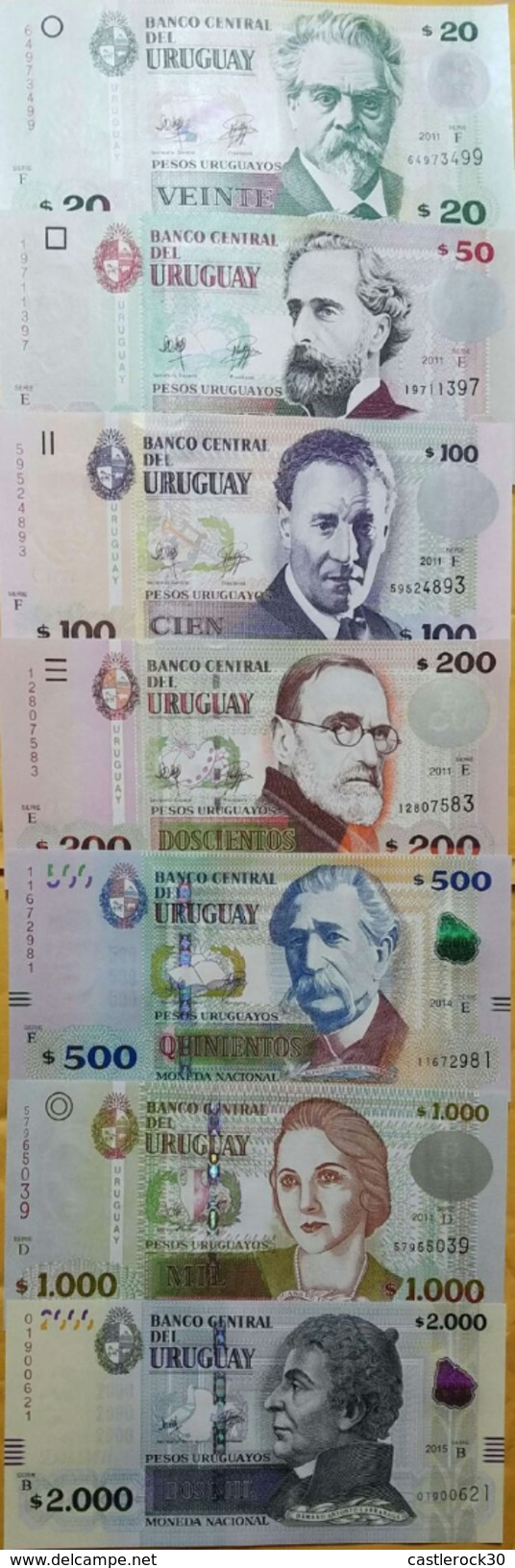 O) 2011 TO 2015 URUGUAY, BANKNOTE, PAPER MONEY, COMPLETE SERIES UYU-ISO 4217, HERITAGE, TRIBUTE TO PERSONALITIES, UNC - Uruguay