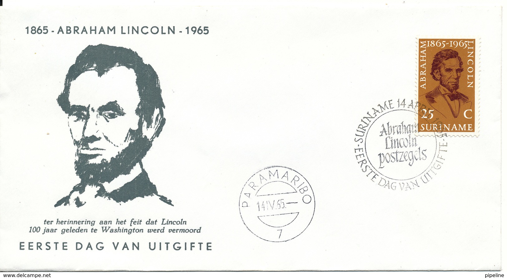 Suriname FDC 14-4-1965 Abraham Lincoln With Cachet - Suriname ... - 1975