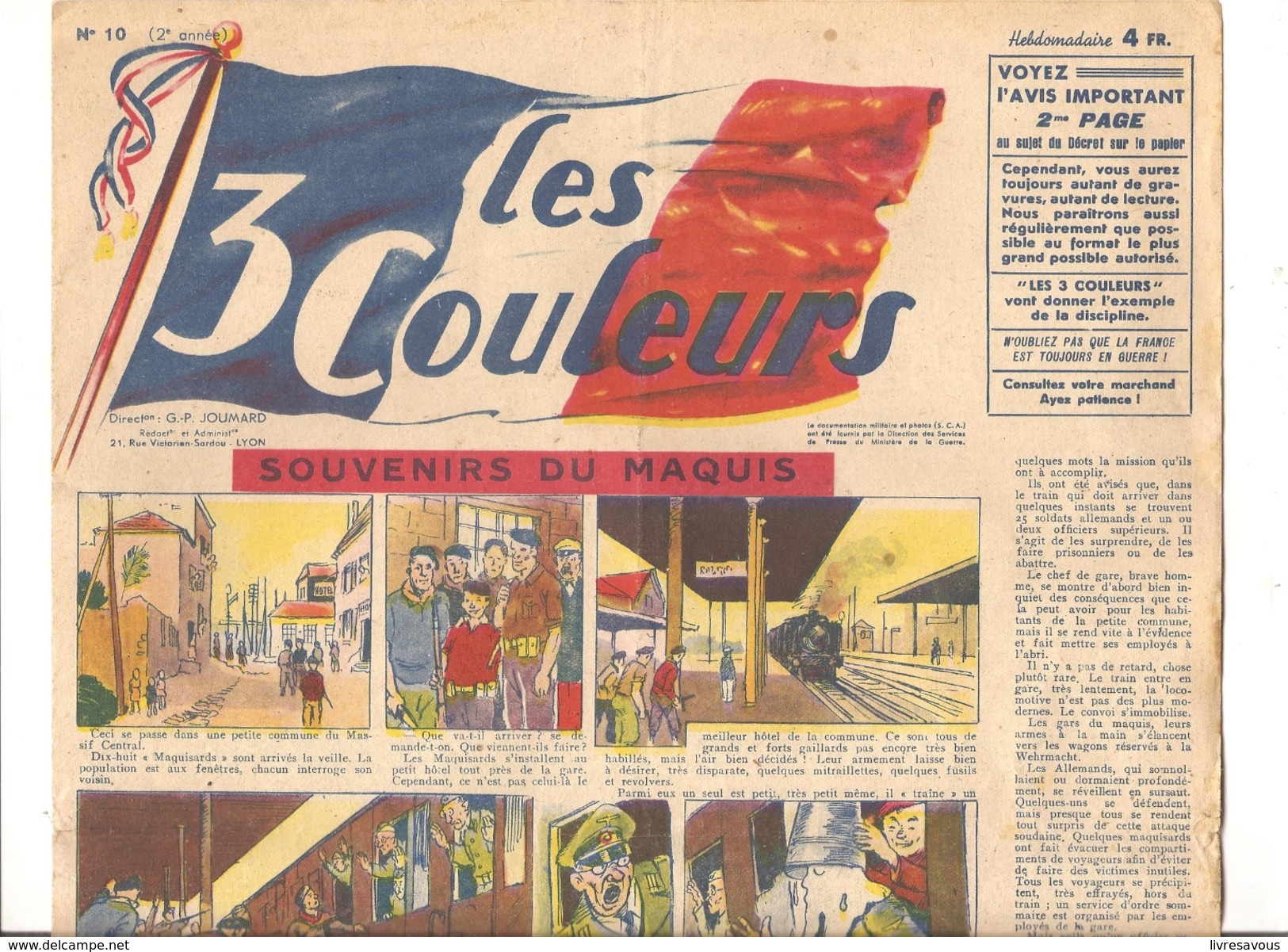 Les 3 Couleurs N°10 Du 30/01/1945 SOUVENIRS DU MAQUIS - 1900 - 1949