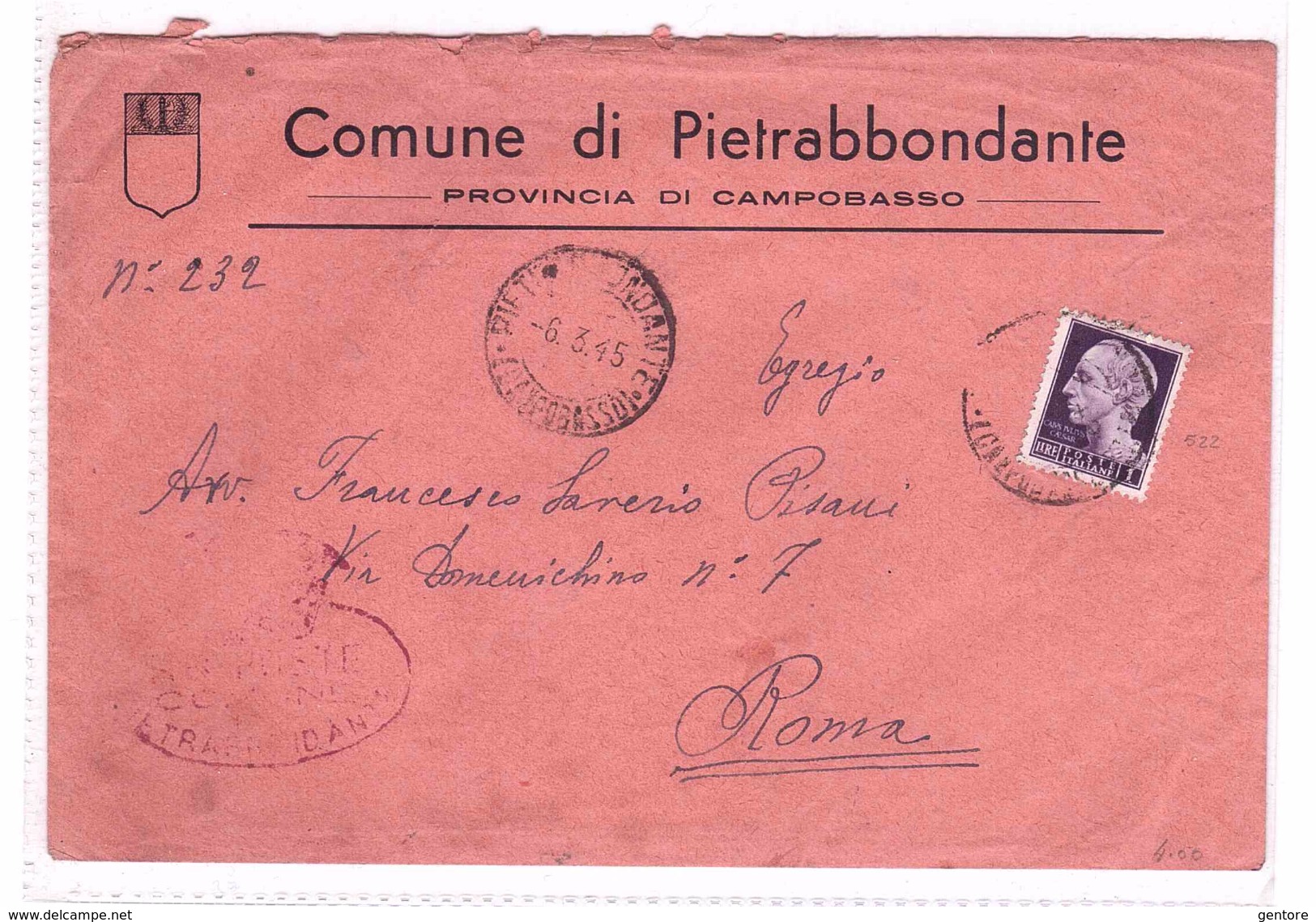 ITALY Lieutenance Busta Dal Comune Di Pietroabbondante 6-3-1945  N° 522 Very Fine Used - Sonstige & Ohne Zuordnung