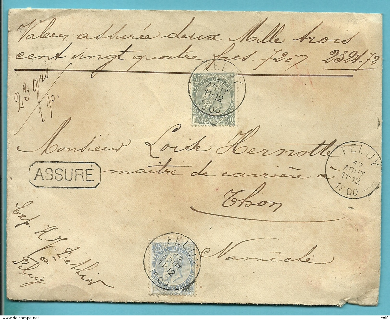 60+63 Op Brief ASSURE (verzekend) / (2324.72Fr / 2Porten) Met Stempel FELUY Naar NAMECHE - 1893-1900 Fijne Baard