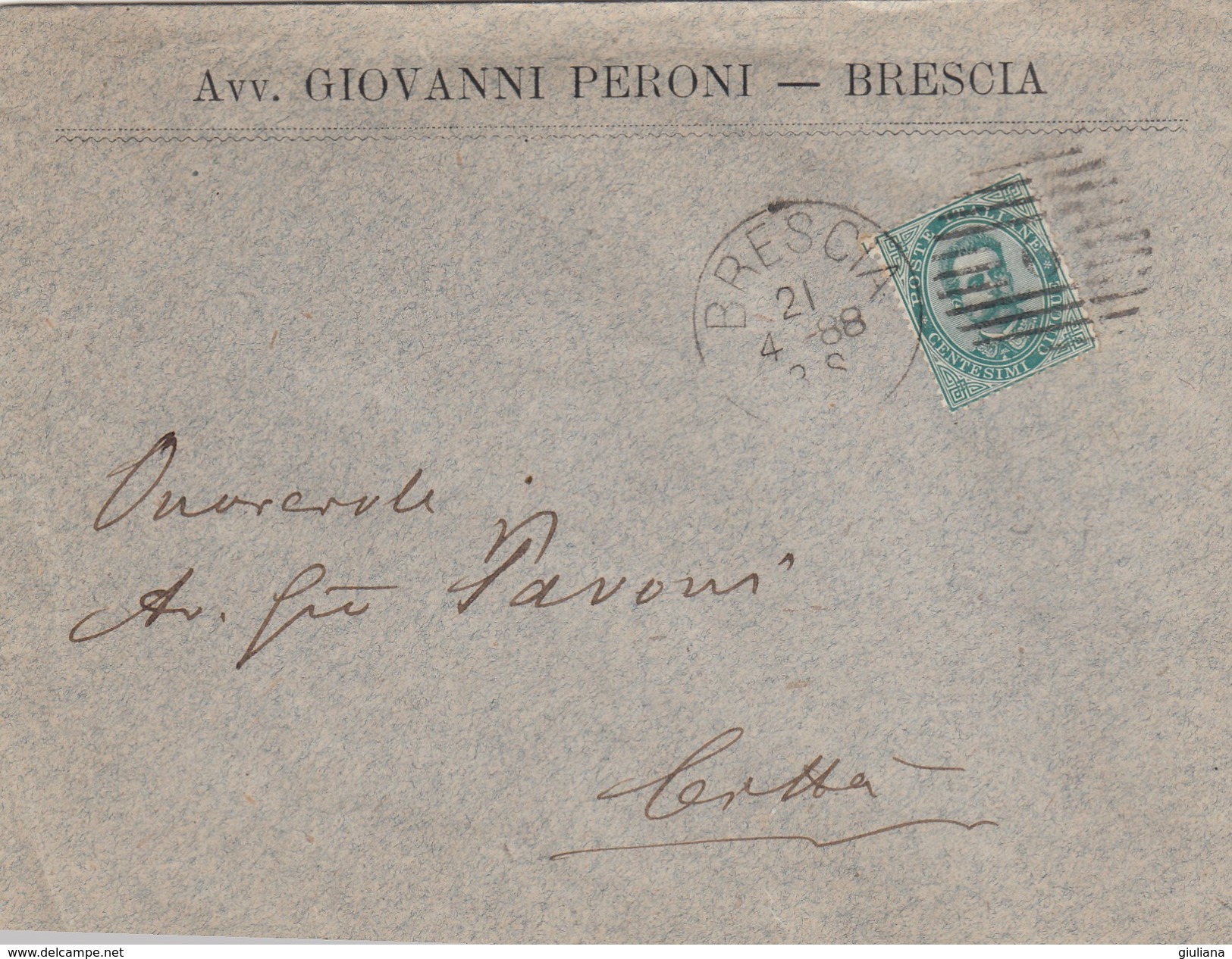 Italia Regno 1888 - Lettera Da Brescia X Città Del 21/4/1988 Affrancata Con  1 Stamp - Storia Postale