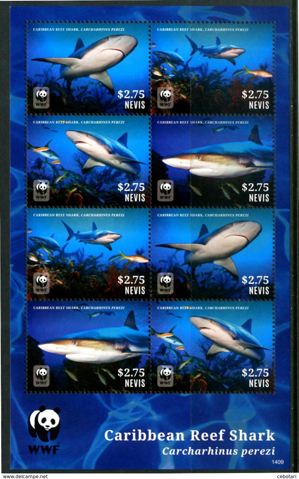 NEVIS 2014** - Caribbean Reef Shark - WWF - Block Di 8 Val. MNH Come Da Scansione - Pesci