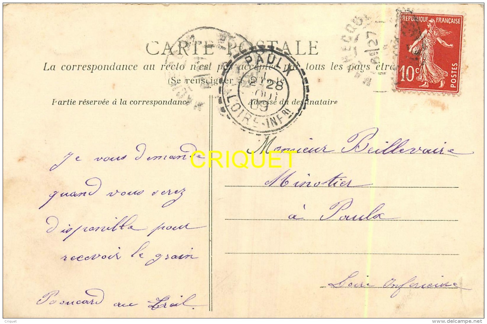 44 Machecoul, Chateau Du Treil, Carte Pas Courante Affranchie 1909 - Machecoul