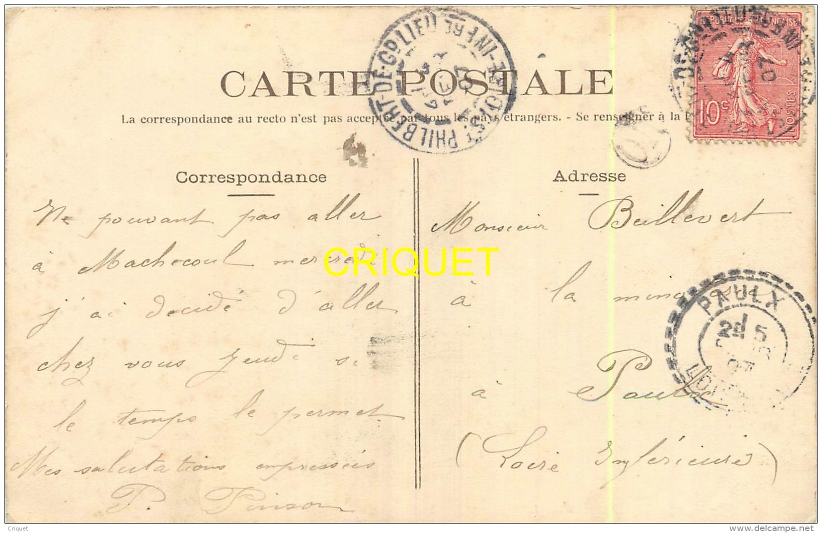 44 St Cyr En Retz, Eglise Neuve Et Vieux Clocher, Carte Pas Courante Affranchie 1907 Et Cachet O R - Autres & Non Classés