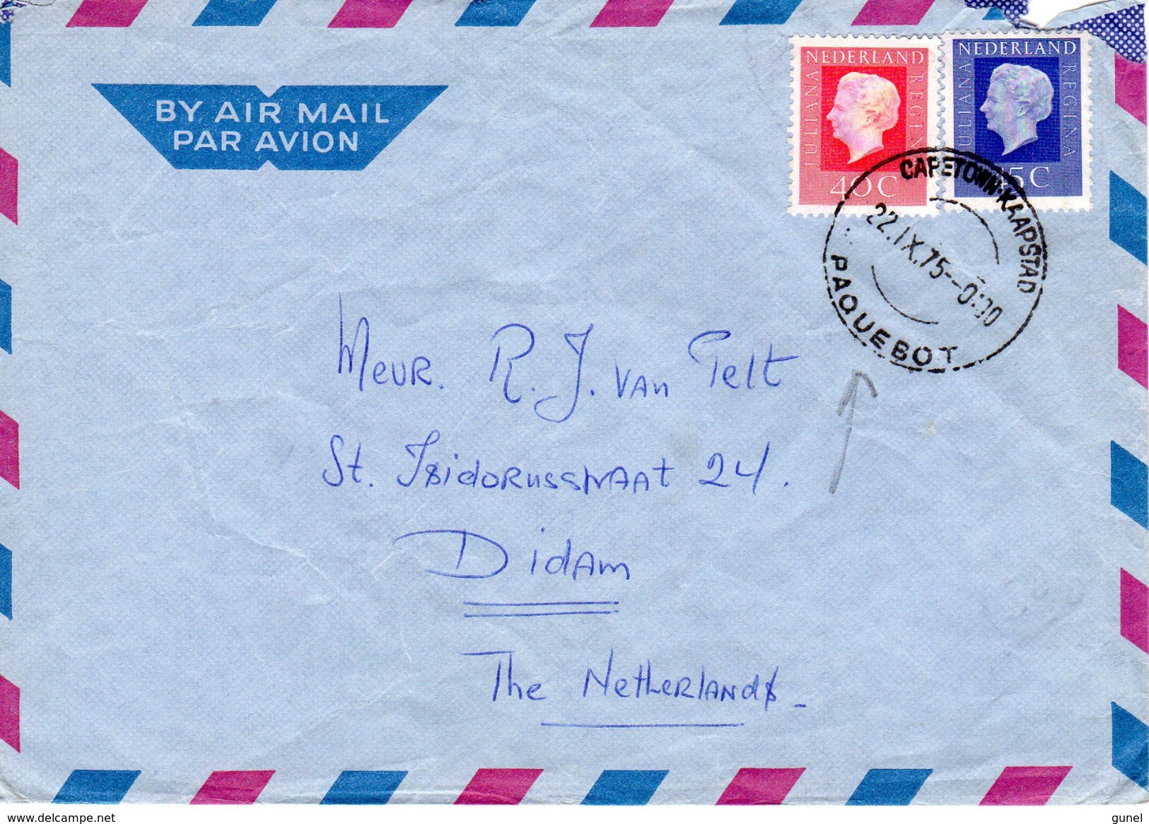 1975 Brief Van CAPETOWN KAAPSTAD PAQUEBOT   Van Nedlloyd Lines T.S. Nedlloyd DELFT  Naar Didam - Poststempel