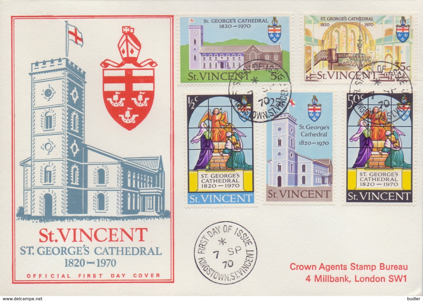 St. VINCENT :1970: Y.285-89 On FDC :  ARCHITECTURE,CATHEDRAL,HERALDRY,RELIGION,BELIEF,FAITH,VITRAIL,FIRE WINDOW, - St.Vincent (...-1979)