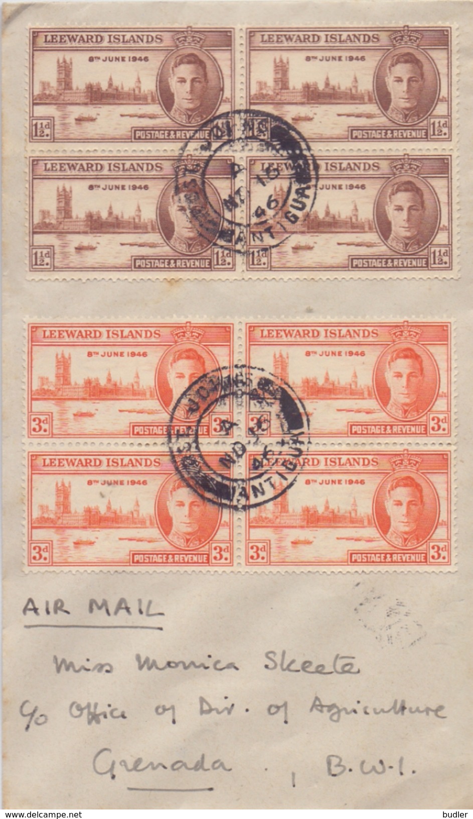 LEEWARD ISLANDS :1946: Y.102-103(4x) On Travelled Cover. - Leeward  Islands