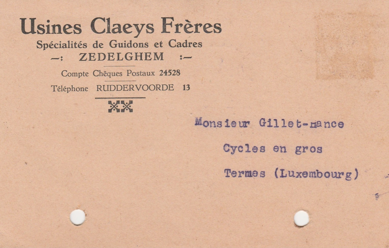 Zedelghem ,carte Publicité ,Usines CLAEYS Frères ,,spécialité De Guidon Et Cadre ,(vélo,moto) - Zedelgem