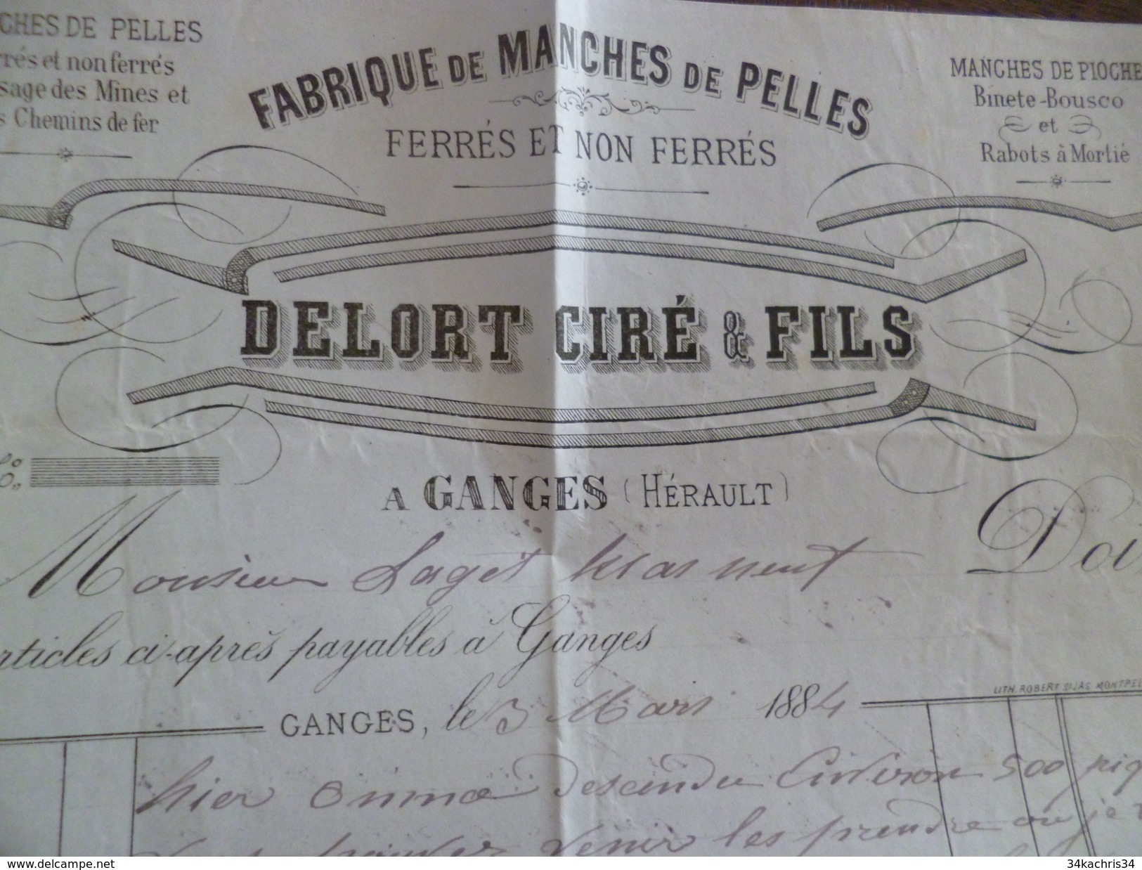 Ganges Hérault Facture Illustrée 1884 Delort Ciré Et Fils Fabrique De Manches De Pelles - Otros & Sin Clasificación