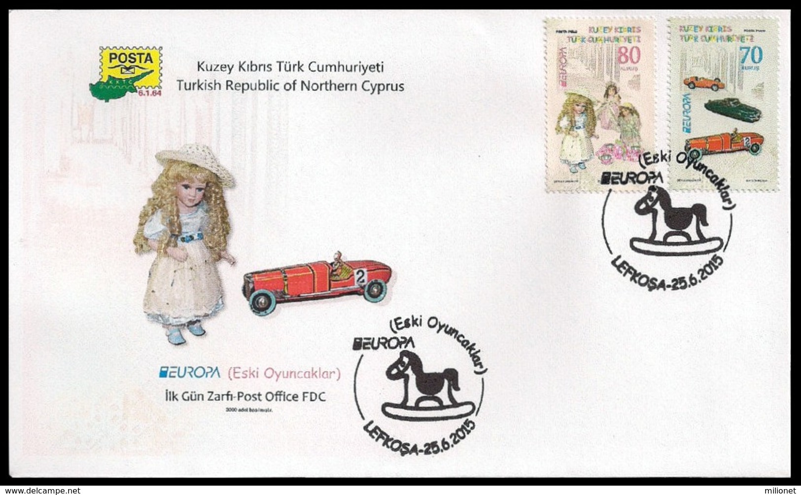 SALE!!! CHIPRE TURCO NORTHERN CYPRUS 2015 EUROPA CEPT OLD TOYS - FDC First Day Cover Of 2 Stamps - 2015