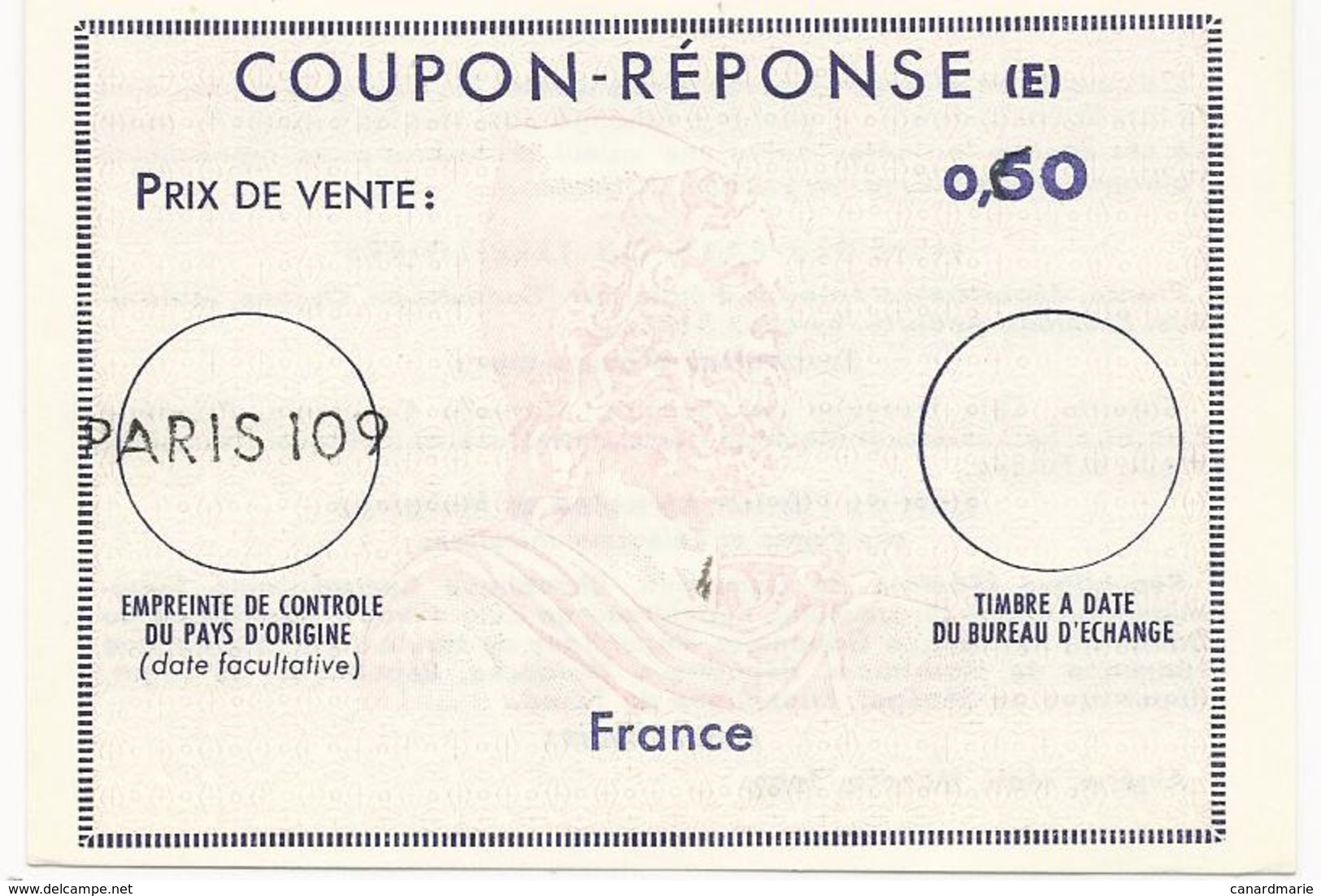 COUPON-REPONSE PARIS 109 NEUF A 0,50 AVEC SURCHARGE 0,60 - Coupons-réponse