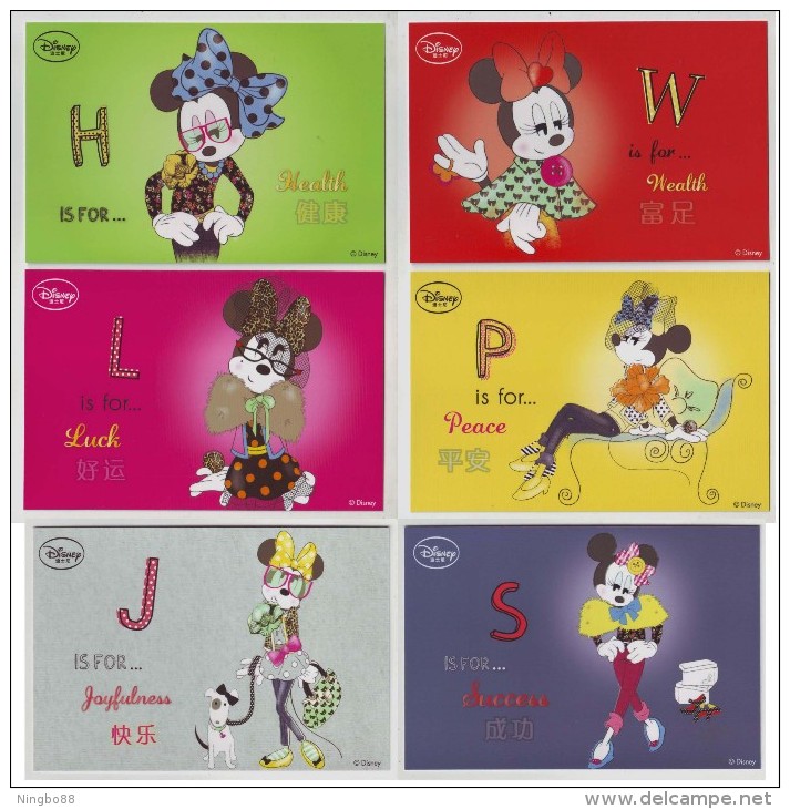 Disney Classics Cartoon Minnie Mouse,China 2013 Set Of 6 Greeting From Minnie Lottery Award Postal Stationery Card - Disney