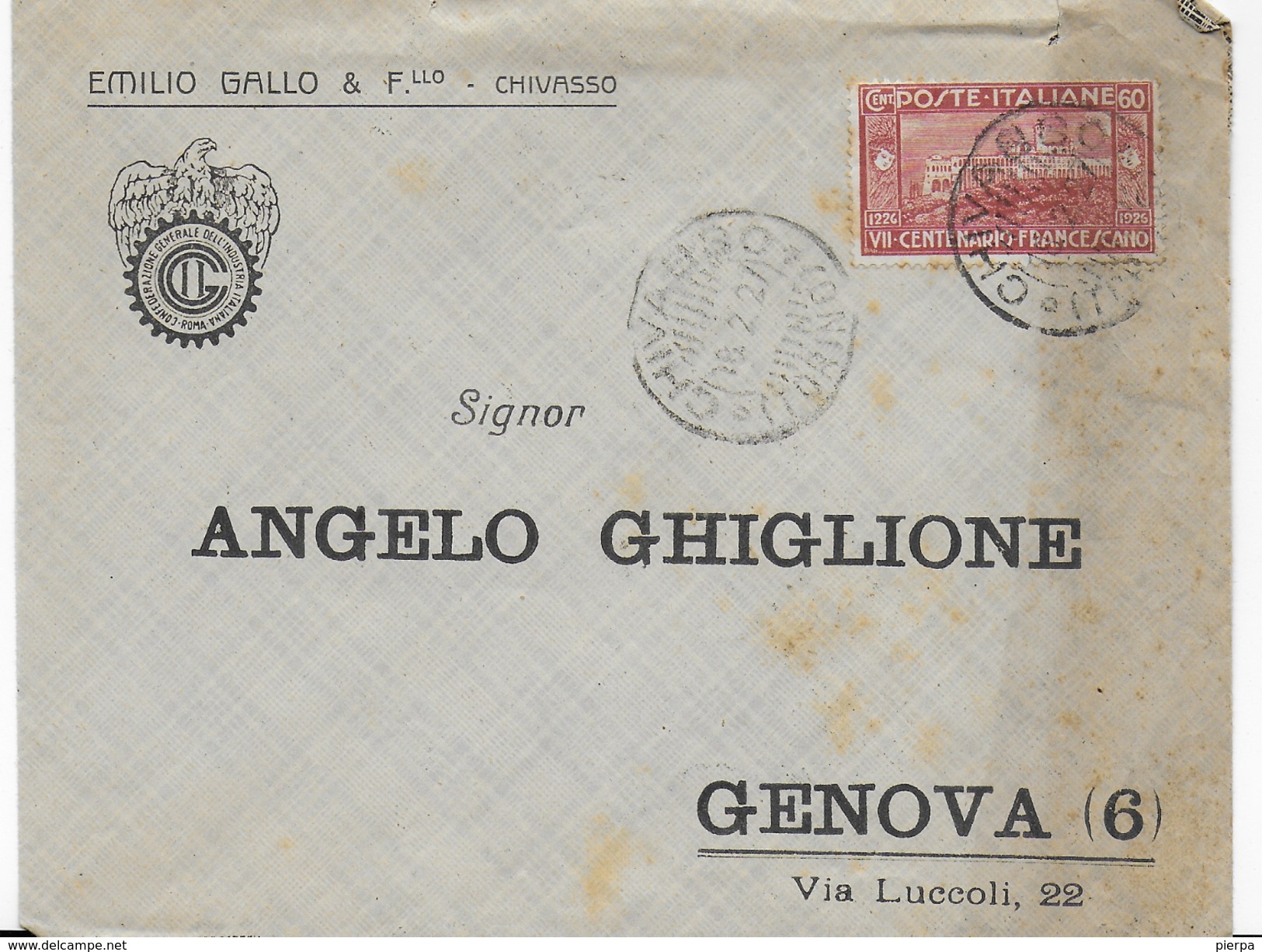 STORIA POSTALE REGNO - BUSTA INTESTATA AFFRANCATA CENT 60 SAN FRANCESCO ISOLATO - Storia Postale