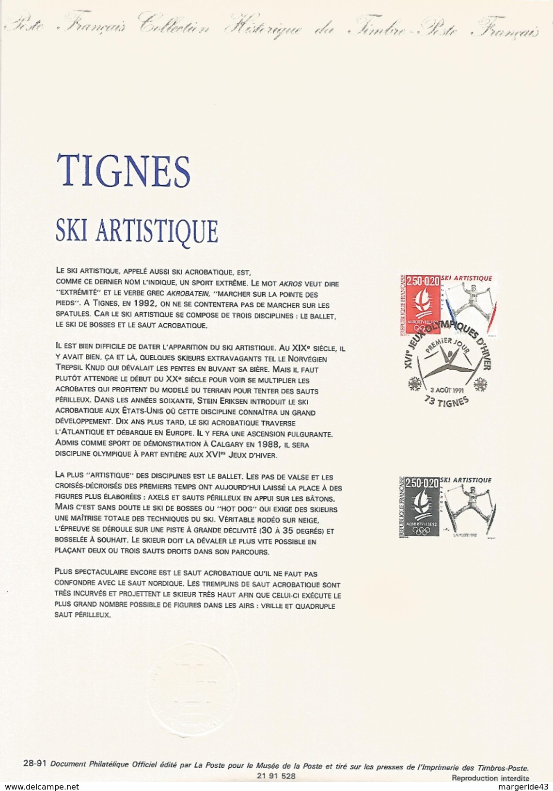 DOCUMENT ENCART 1991 OLYMPIQUE TIGNES SKI ARTISTIQUE - Documents De La Poste