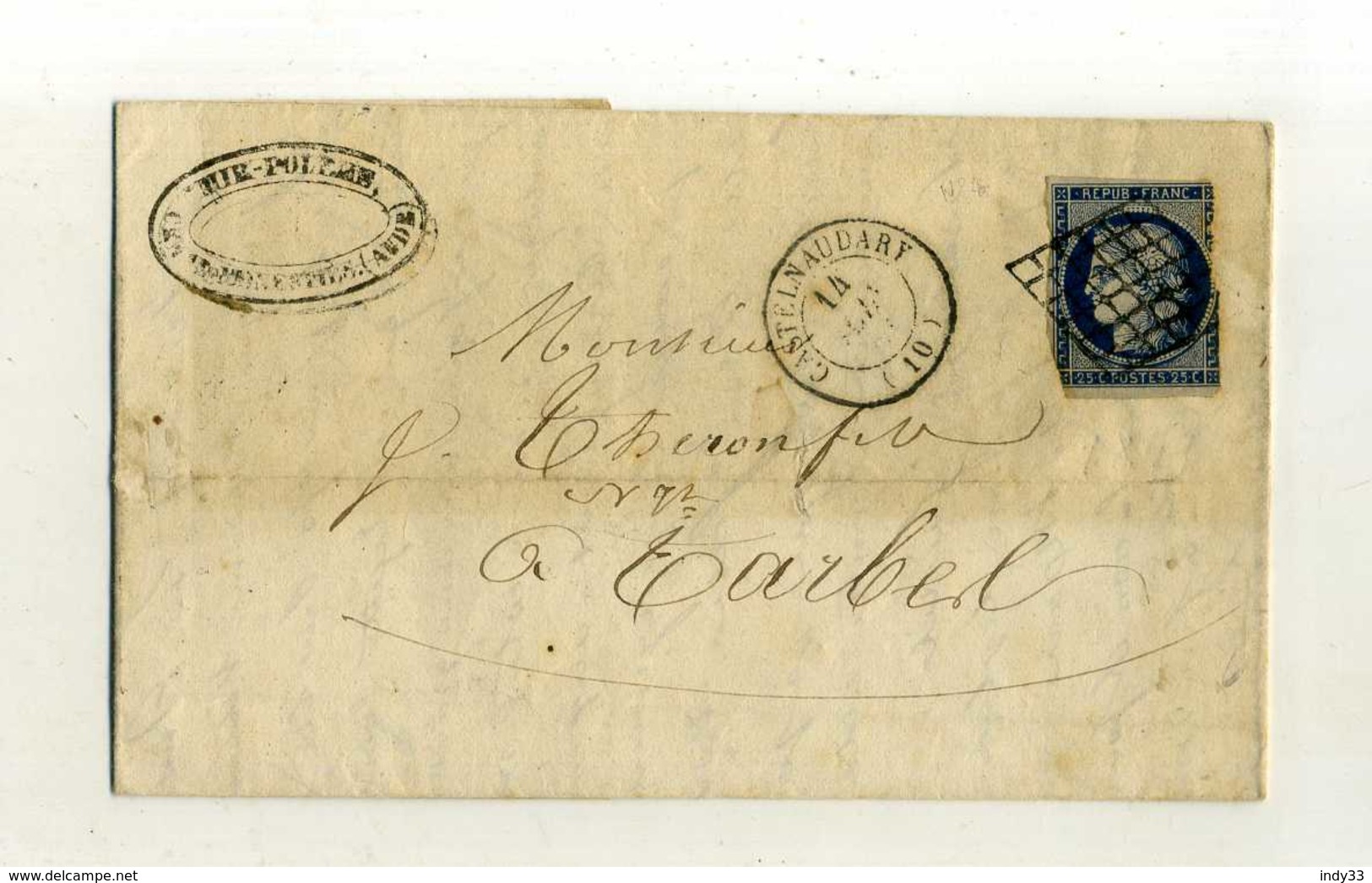 FRANCE 1849/50 . CERES . N°4 Y&T SUR LETTRE DE 1851 DE CASTELNAUDARY POUR TARBES . - 1849-1850 Ceres