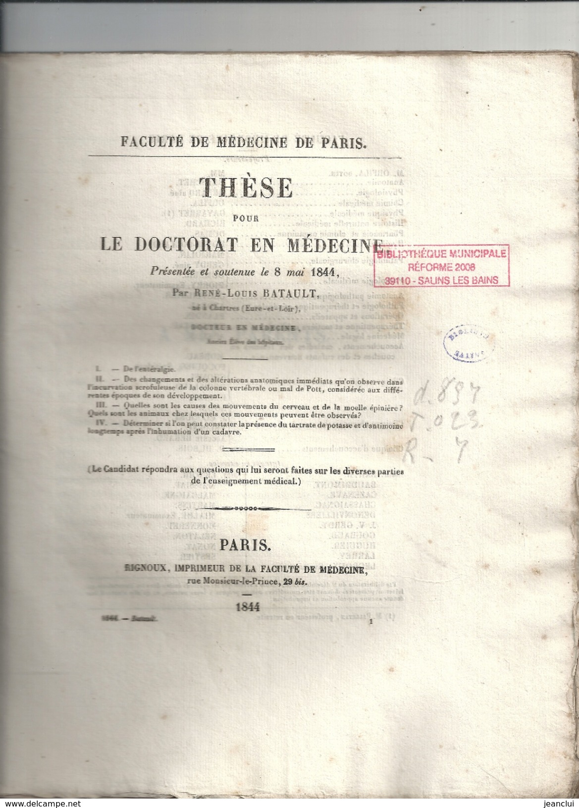 THESE POUR LE DOCTORAT EN MEDECINE Par Rene-louis BATAULT Ne A CHARTRES Du 8 MAI 1844.  39 PAGES - Diploma & School Reports