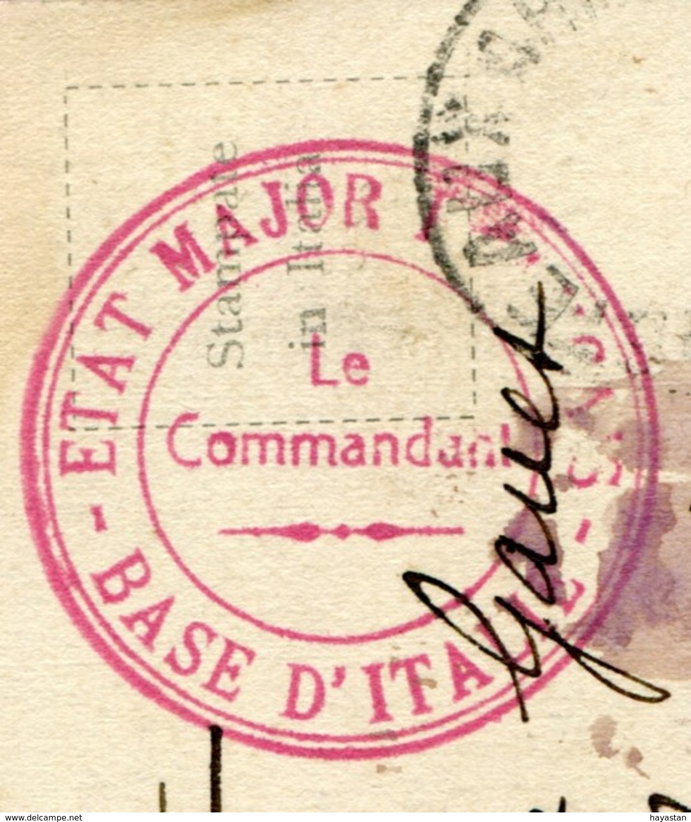 CACHET MILITAIRE 1917 - BASE D'ITALIE - ETAT MAJOR FRANCAIS - LE COMMANDANT - Guerra Del 1914-18