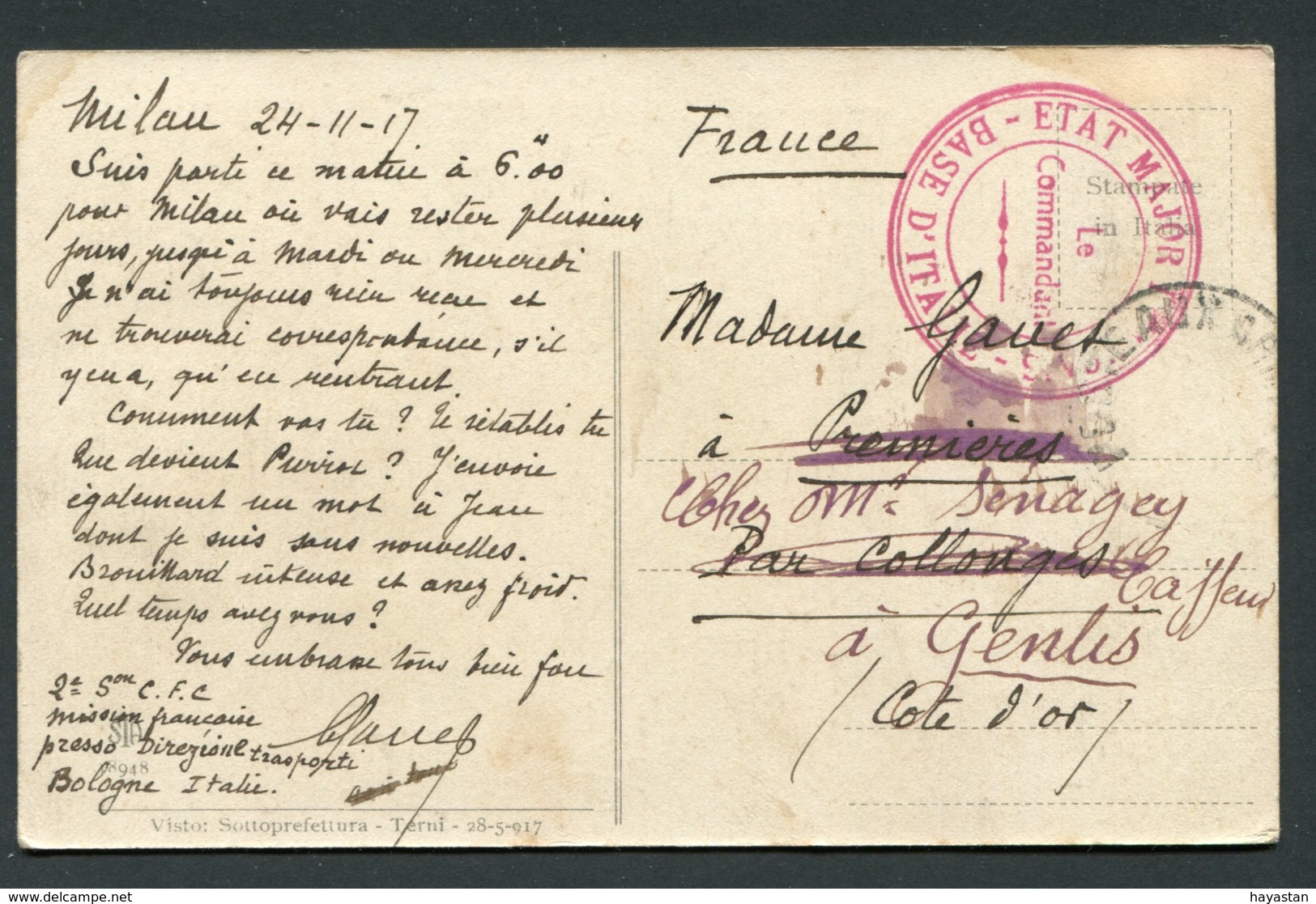 CACHET MILITAIRE 1917 - BASE D'ITALIE - ETAT MAJOR FRANCAIS - LE COMMANDANT - Guerra Del 1914-18