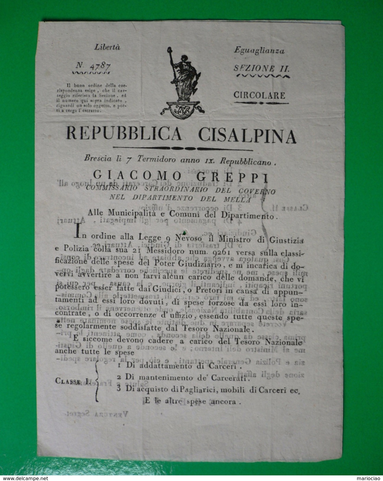 D-IT Repubblica Cisalpina 1801  Brescia Delibera Per Le Carceri - Documents Historiques