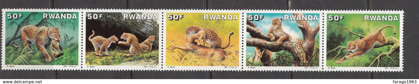 1987 Rwanda Rwandaise  Leopards  Complete Strip/set Of 5 MNH. - Unused Stamps