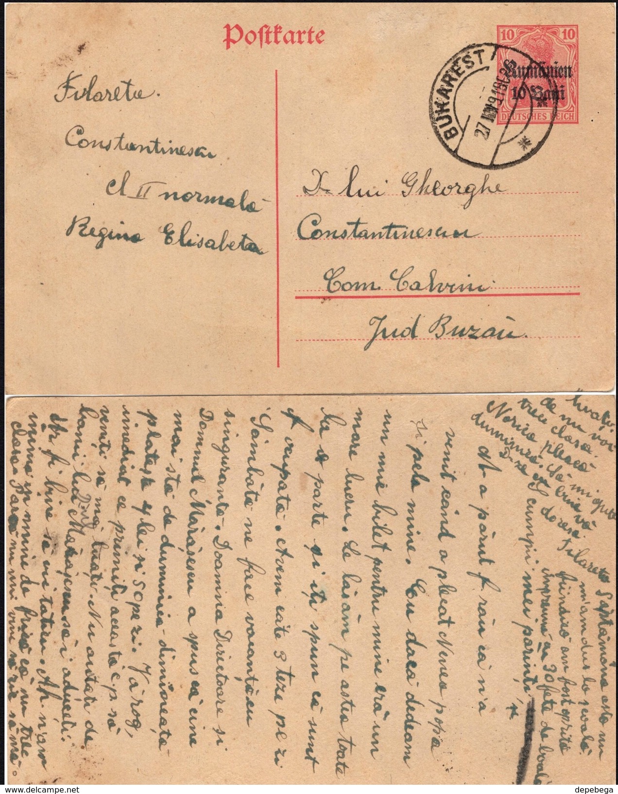 Romania 1918 -WWI, German Occupation Of Romania, Bucuresti 27.6.1918 To Calvini, Buzau. - Storia Postale Prima Guerra Mondiale