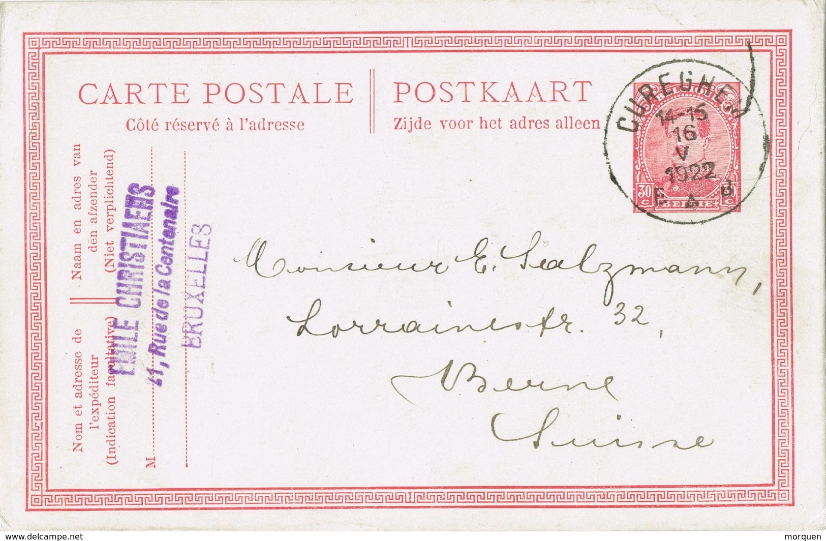 20972. Entero Postal CUREGHEM (Belgien) 1922 A Suisse - Postcards 1909-1934