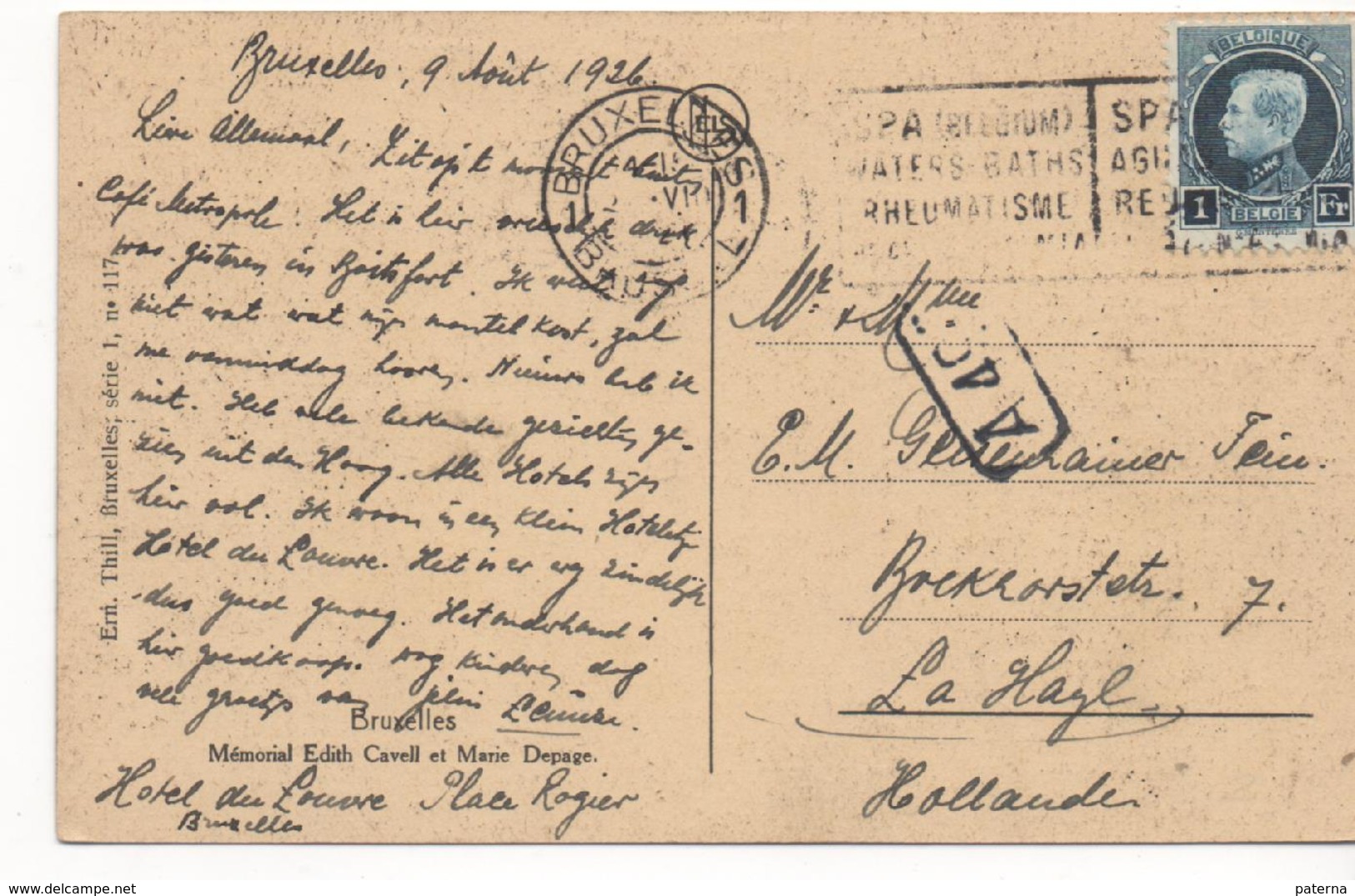 3104  Postal Bruxelles 1926, Belgica, SPA ,Balneario, Reuma, - Cartas & Documentos