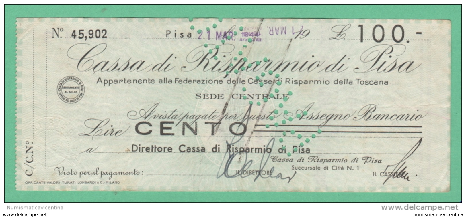 RSI Pisa Assegno 100 Lire 1944 - [10] Chèques