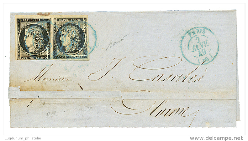 "2 JANVIER 1849 En Bleu" : Paire Du 20c Noir(n&deg;3) TB Marg&eacute; Obl. Cachet &agrave; Date Bleu PARIS 2 JANV. 49 Su - Otros & Sin Clasificación