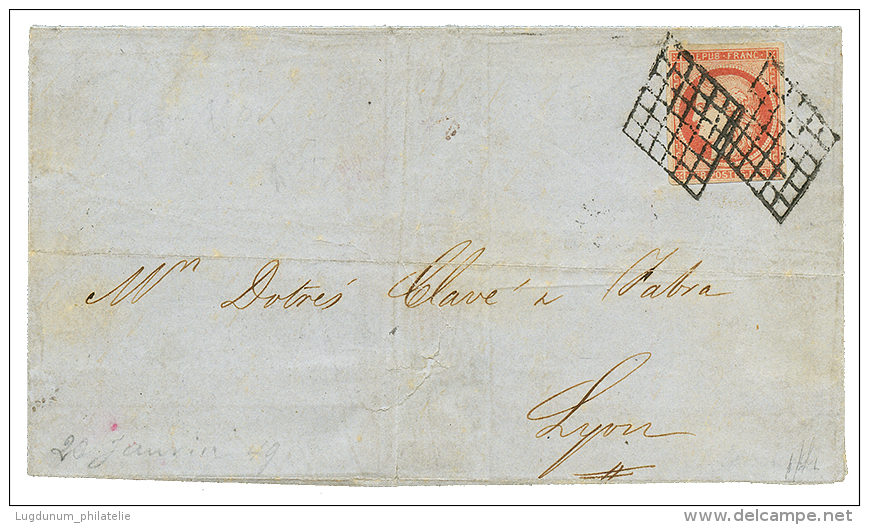 "1F VERMILLON" : 1849 1F VERMILLON(n&deg;7) TB Marg&eacute; Obl. Grille Sur Lettre Pour LYON. Tr&eacute;s Belle Nuance. - Autres & Non Classés