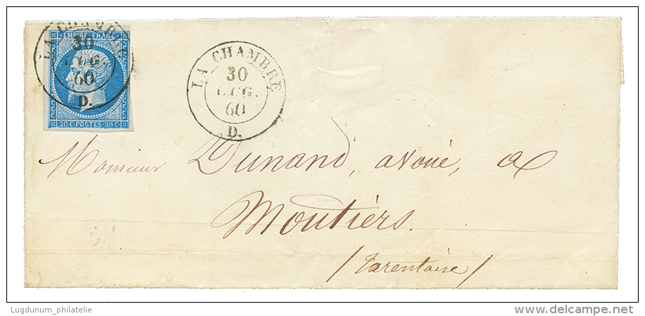 1860 20c(n&deg;14) Obl. Cachet Sarde LA CHAMBRE Sur Lettre Pour MOUTIERS. Tr&eacute;s Rare. Superbe. - Autres & Non Classés