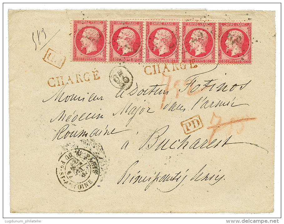 "Lettre CHARGEE Pour La MOLDAVIE " : 1864 Bande De 5 Du 80c(n&deg;34) Obl. Etoile 23 Sur Enveloppe CHARGEE De PARIS Pour - Autres & Non Classés