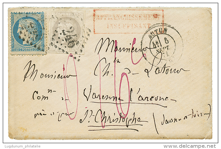 1871 4c BORDEAUX(n&deg;41) TB Marg&eacute; + 20c SIEGE(n&deg;37) Obl. GC 246 + T.17 AUTUN + Taxe "0,16c" Manuscrite + AF - Altri & Non Classificati