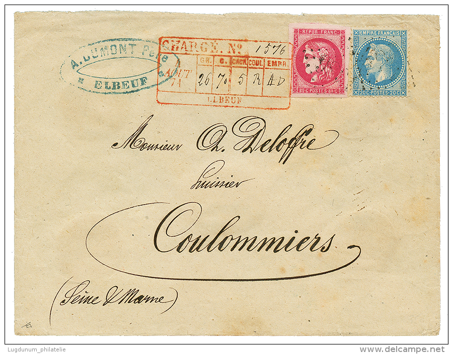 1871 80c BORDEAUX Rose Vif (n&deg;49b) 4 Grandes Marges + 20c(n&deg;29) Obl. Sur Enveloppe CHARGEE D' ELBEUF Pour COULOM - Autres & Non Classés