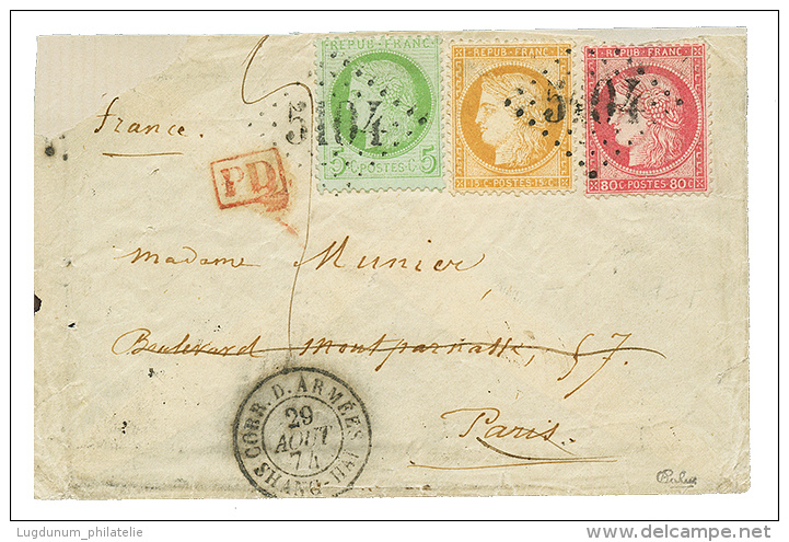 1874 CERES 5c + 15c+ 80c Obl. GC 5104 + CORR. D'ARMEES SHANG-HAI Sur Enveloppe(pd) Pour PARIS. Sign&eacute; CALVES. RARE - Autres & Non Classés