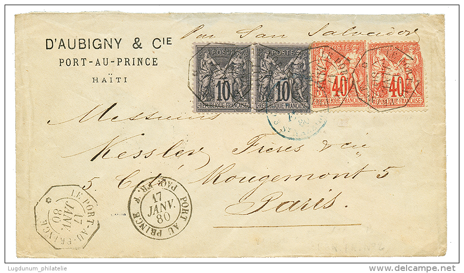 HAITI - Bureau Consulaire : 1880 SAGE 10c(x2) + 40x2(1 Ex. Pd) Obl. LE PORT-AU-PRINCE + Cachet Rare PORT AU PRINCE PAQ. - Otros & Sin Clasificación