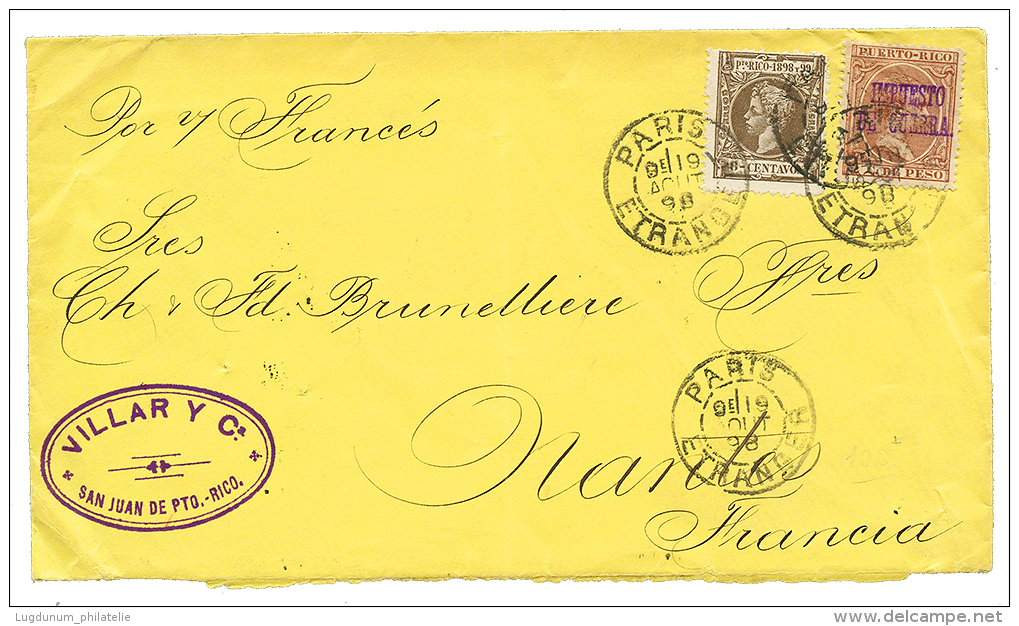 1898 PORTO-RICO 8c + TIMBRE DE GUERRE 1P Obl. Cachet Fran&ccedil;ais PARIS ETRANGER Sur Enveloppe De SAN JUAN DE PORTO R - Sonstige & Ohne Zuordnung