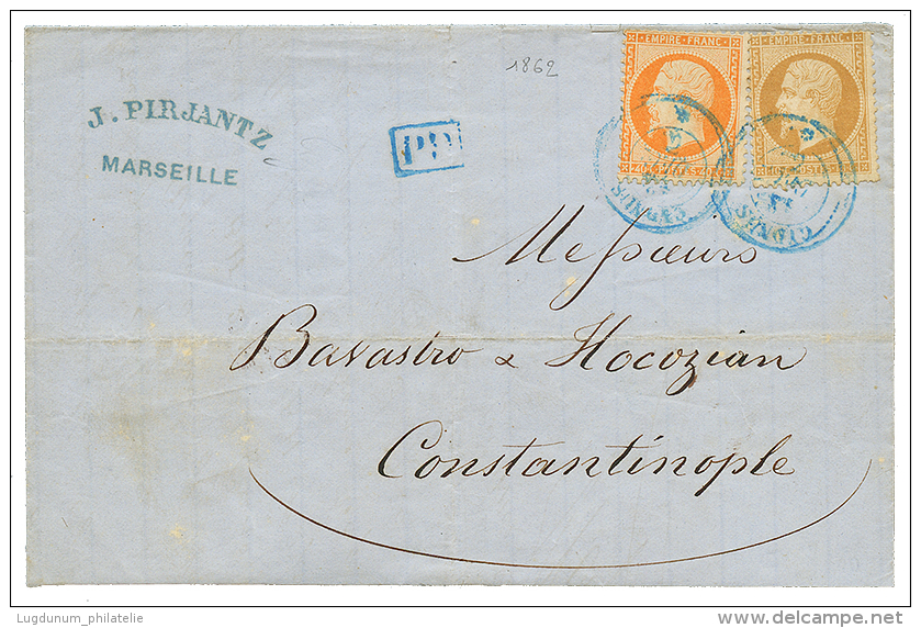 1862 10c(n&deg;21)+ 40c(n&deg;23) Obl. Cachet Bleu Du Paquebot CYDNUS Sur Lettre De MARSEILLE Pour CONSTANTINOPLE. RARE. - Autres & Non Classés