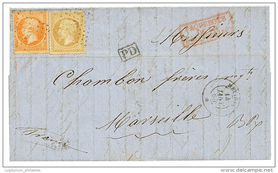 "METIDJA" : 1865 10c(n&deg;21) + 40c(n&deg;16) Obl. Ancre + Cachet Rarissime Du Paquebot METIDJA 14 Janv 65 Sur Lettre A - Autres & Non Classés