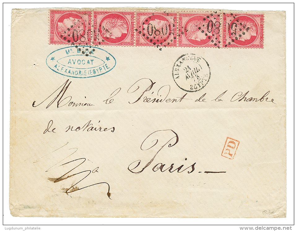 ALEXANDRIE - Affranchissement &agrave; 4F : 1873 80c CERES(x5) Obl. GC 5080 + ALEXANDRIE EGYPTE Sur Enveloppe Pour PARIS - Other & Unclassified