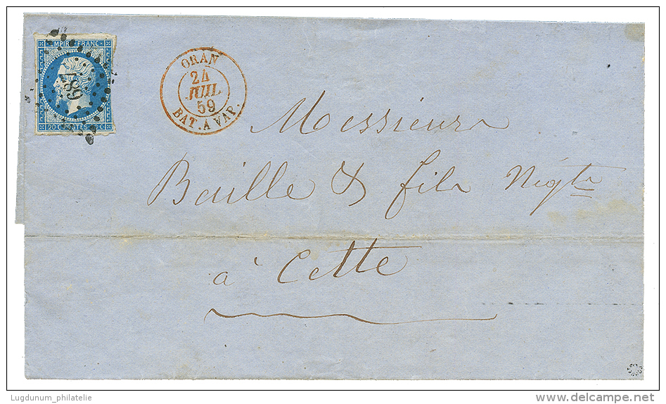 "ORAN BATEAU A VAPEUR En Rouge" : 1859 20c(pd) Obl. PC 687 + Cachet Rouge ORAN BAT. A VAP. Sur Lettre D' ORAN Pour CETTE - Sonstige & Ohne Zuordnung