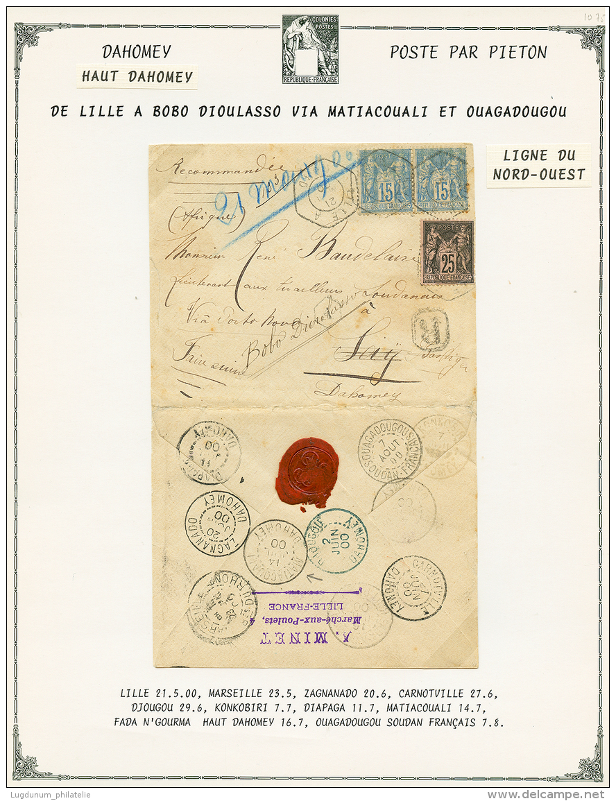 POSTE PAR PIETON : 1900 SAGE 15c(x2) + 25c Obl. LILLE Sur Enveloppe RECOMMANDEE Pour SAY HAUT DAHOMEY. Verso, Cachet Rar - Other & Unclassified