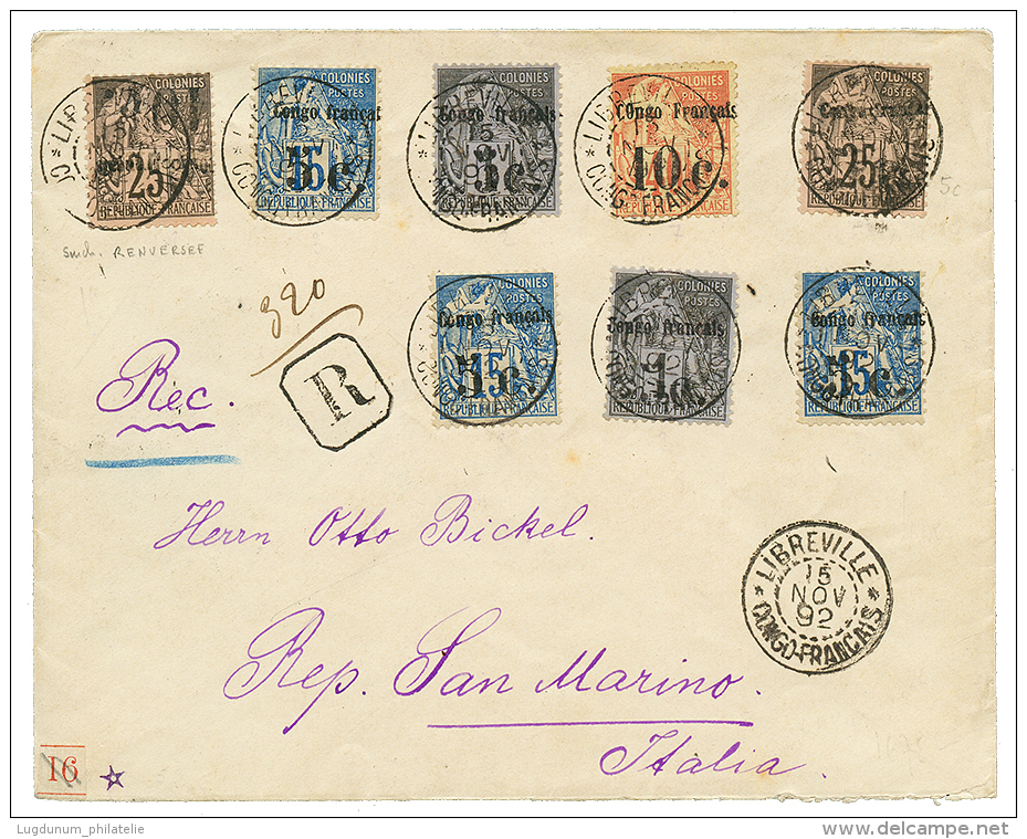 CONGO : 1892 N&deg;1(x2) + N&deg;2(x3)+ N&deg;4+ N&deg;5c(SURCHARGE RENVERSEE) + N&deg;6 Obl. LIBREVILLE Sur Enveloppe R - Other & Unclassified