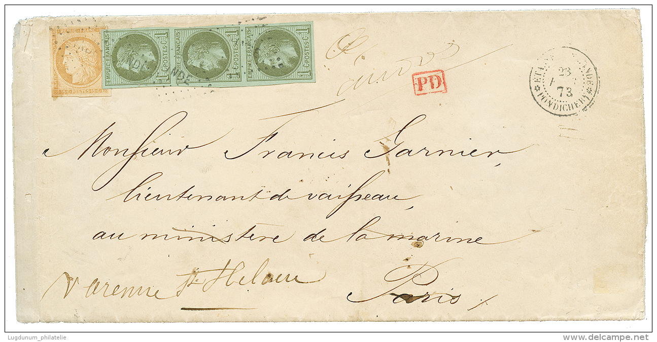 INDES FRANCAISES : 1873 COLONIES GENERALES Rarissime Bande De 3 Du 1c EMPIRE LAURE(n&deg;7) + 15c CERES(n&deg;22) Tous T - Other & Unclassified