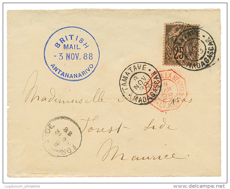 MADAGASCAR - BRITISH MAIL : 1888 COLONIE GENERALE 25c Obl. TAMATAVE + BRITISH MAIL ANTANANARIVO En Bleu Sur Enveloppe Po - Other & Unclassified