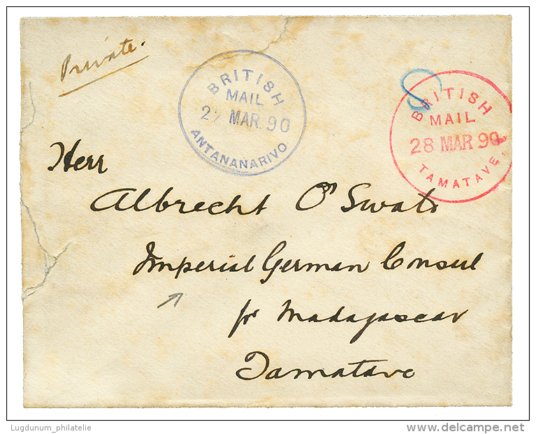 MADAGASCAR - BRITISH MAIL : 1890 BRITISH MAIL ANTANANARIVO En Bleu + BRITISH MAIL TAMATAVE En Rouge Sur Enveloppe(pd) Po - Other & Unclassified