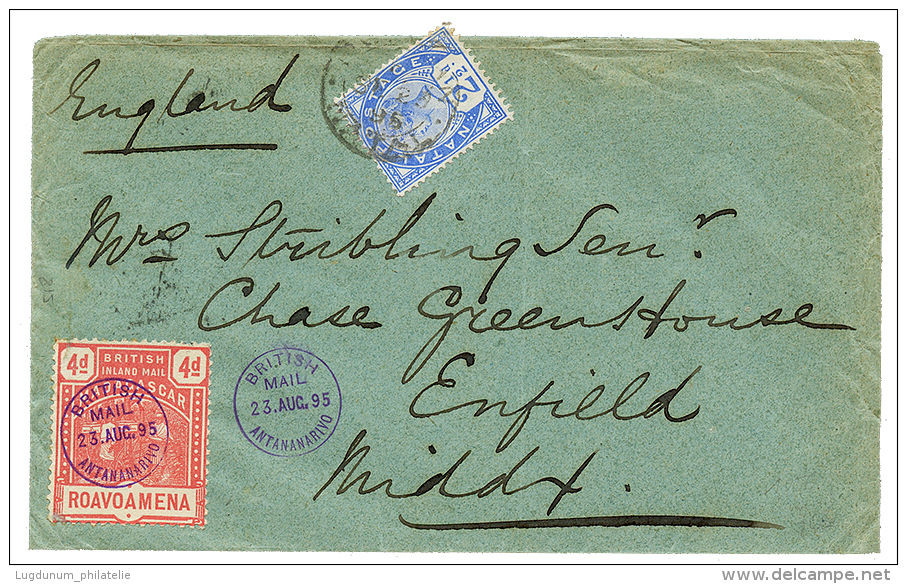 1895 NATAL 2 1/2p Obl. DURBAN + Timbre "BRITISH INLAND MAIL" &agrave; 4d Obl. BRITISH MAIL ANTANANARIVO Sur Enveloppe Po - Other & Unclassified