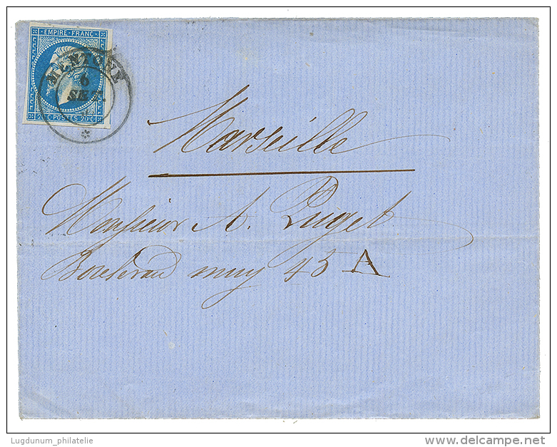 MONACO : 1860 FRANCE 20c(n&deg;14) TTB Marg&eacute; Obl. Cachet Sarde MENTONE Sur Lettre Pour MARSEILLE. Tr&eacute;s RAR - Other & Unclassified