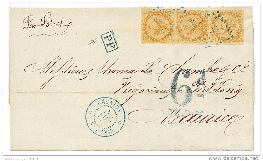 1865 Superbe Bande De 3 Du 10c AIGLE Obl. Losange De Points + REUNION ST DENIS Sur Lettre Pour L' ILE MAURICE. Tarif BAT - Other & Unclassified